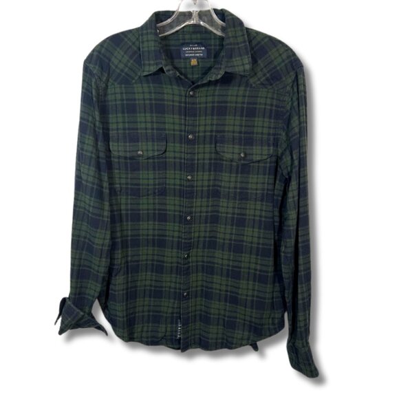 Lucky Brand Men's Size M Flannel Plaid Pearlsnap Button Up Down Shirt Academia - Picture 1 of 11